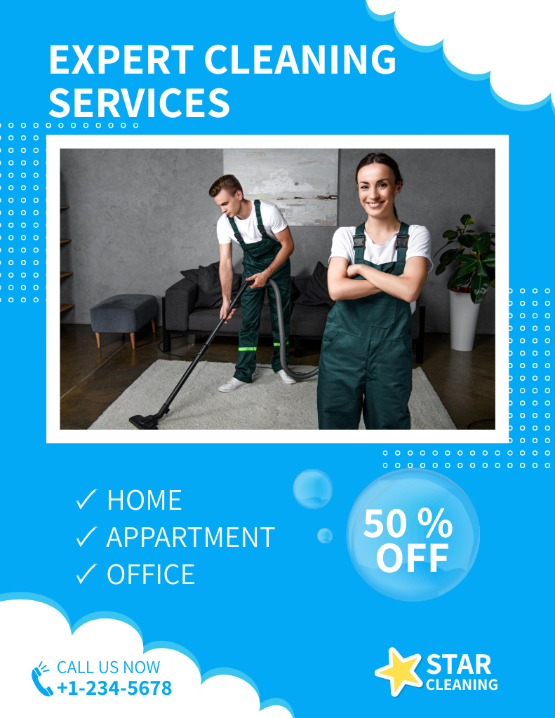 Cleaning Service Promotion With Discounts In Blue Poster 8.5x11in Šablona návrhu