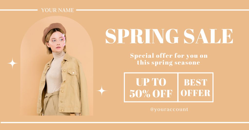 Spring Sale Announcement in Pastel Colors with Young Woman Facebook AD tervezősablon