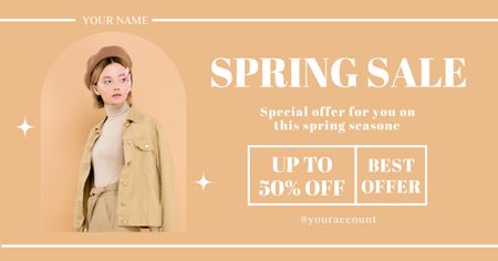 Spring Sale Announcement in Pastel Colors with Young Woman Facebook AD Design Template