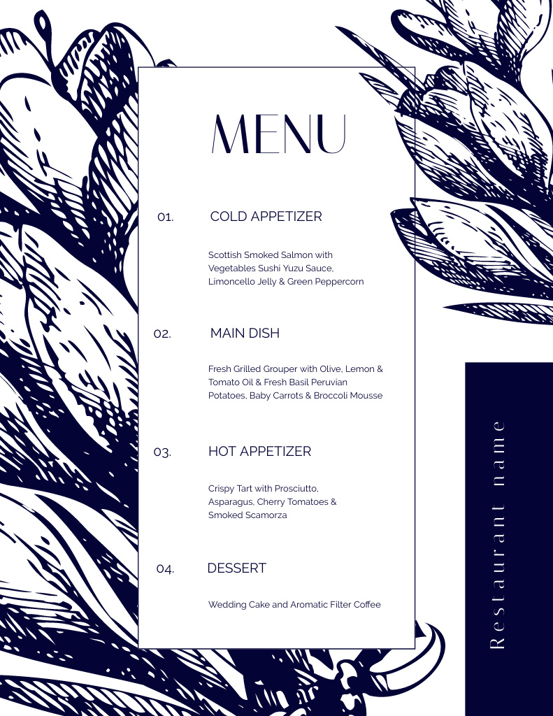 Blue Floral Sketch on Wedding Foods List Menu 8.5x11in Modelo de Design