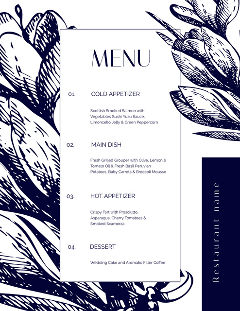 Blue Floral Sketch on Wedding Foods List Menu 8.5x11in Design Template