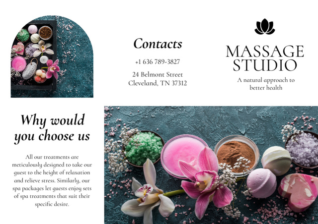 Ontwerpsjabloon van Brochure van Massage Studio Advertisement with Flowers and Sea Salt