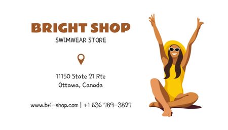 Plantilla de diseño de Anuncio de tienda de trajes de baño con mujer atractiva en la playa Business Card US 