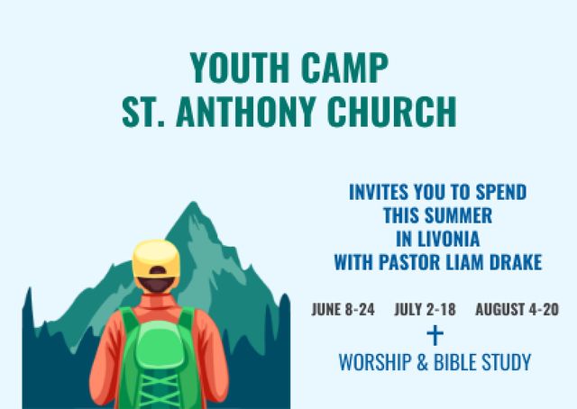 Youth Religion Camp invitation with boy in Mountains Postcard – шаблон для дизайну