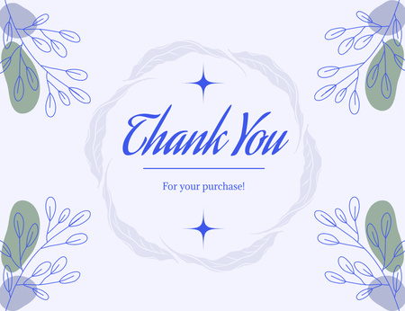 Thank You For Your Purchase Message with Hand Drawn Blue Leaves Thank You Card 5.5x4in Horizontal Design Template