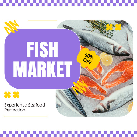Fish Market Ad with Big Discount on Seafood Instagram Design Template