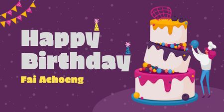 Birthday Greeting with Cake on Purple Twitter Design Template