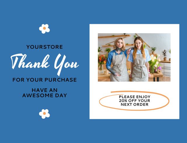 Designvorlage Thank You for Purchase in Floral Shop Text with Florists at Workplace für Thank You Card 5.5x4in Horizontal