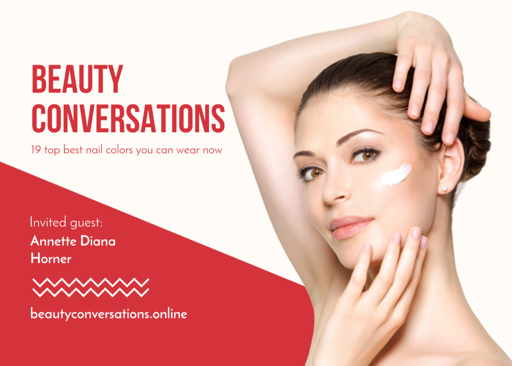 Ontwerpsjabloon van Flyer 5x7in Horizontal van Prestigious Beauty Event Announcement with Woman Applying Face Cream