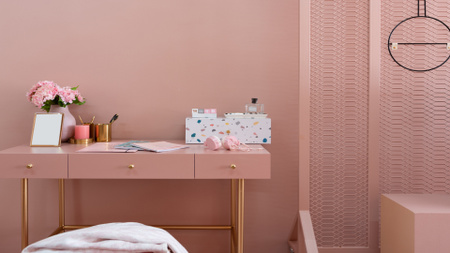 Kosmetika na stole v růžové místnosti Zoom Background Šablona návrhu