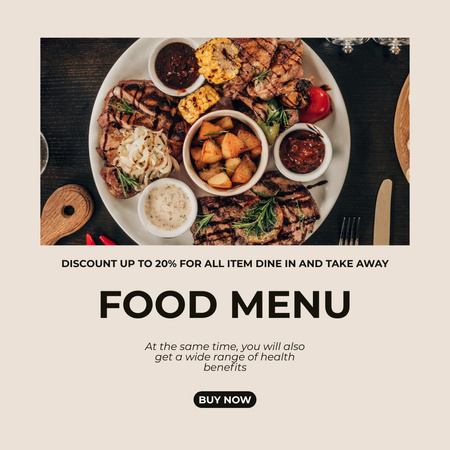 Food Menu Offer with Yummy Dinner Meal Instagram tervezősablon