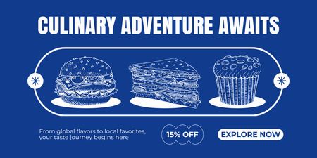 Culinary Adventure Ad with Sketches of Food Twitter Design Template