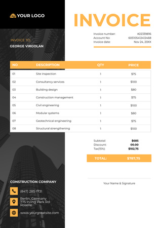 Construction Company Invoice with Skyscrapers Invoice – шаблон для дизайну
