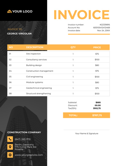 Construction Company Invoice with Skyscrapers Invoice – шаблон для дизайна