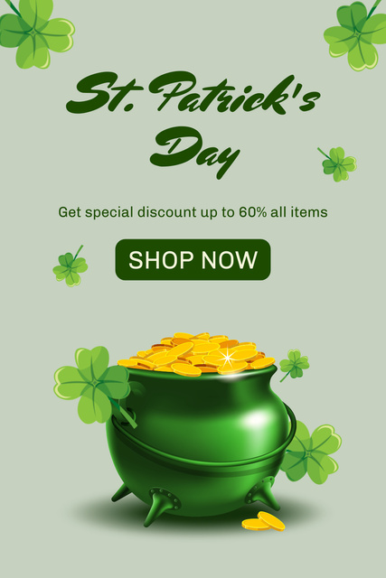 Ontwerpsjabloon van Pinterest van St. Patrick's Day Discount Offer With Pot Of Gold Coins