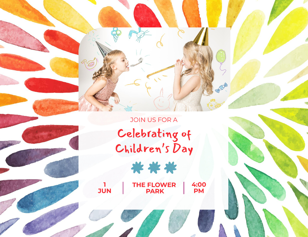 Ontwerpsjabloon van Invitation 13.9x10.7cm Horizontal van Children's Day Celebration With Noisemakers
