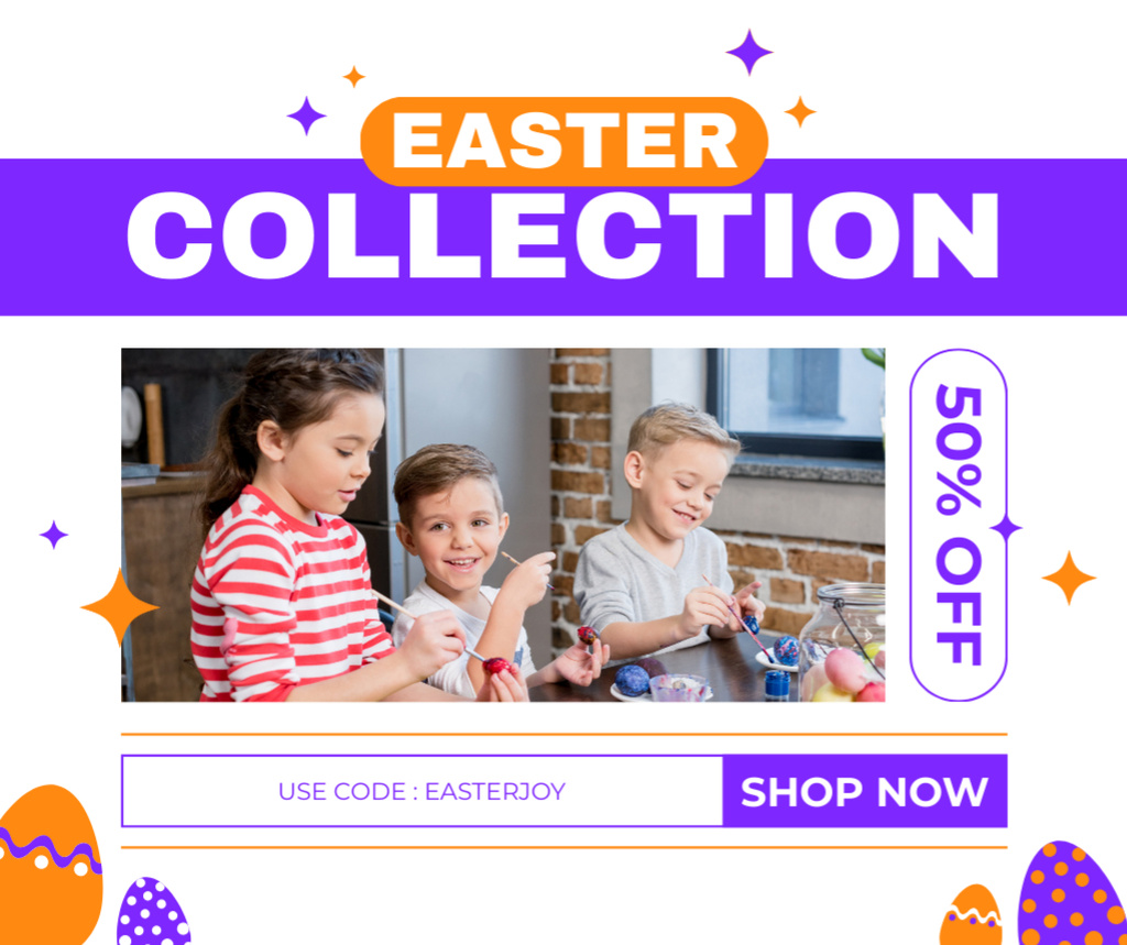Easter Collection Ad with Kids painting Eggs Facebookデザインテンプレート
