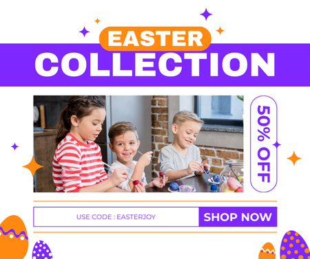 Designvorlage Werbung für die Osterkollektion mit Kindern, die Eier bemalen für Facebook
