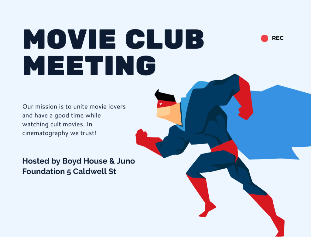 Plantilla de diseño de Movie Club Man In Superhero Costume Postcard 4.2x5.5in 