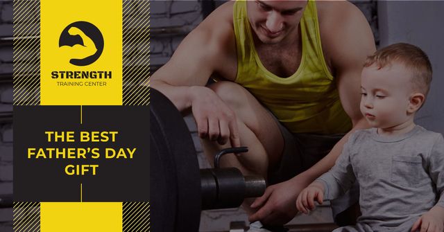 Dad with son i gym on Father's Day Facebook AD – шаблон для дизайна