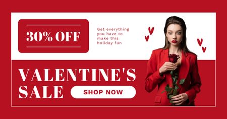 Valentine's Day Sale with Beautiful Woman in Red Facebook AD Design Template