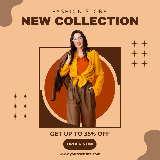 Female Clothing Sale Ad with Woman in Yellow and Brown Outfit Instagram – шаблон для дизайна