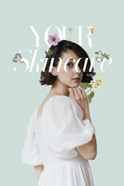 Skincare Ad with Young Girl and Tender Flowers Pinterestデザインテンプレート