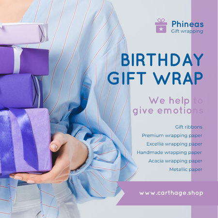 Template di design Birthday Gift Wrap Offer Woman Holding Presents Instagram