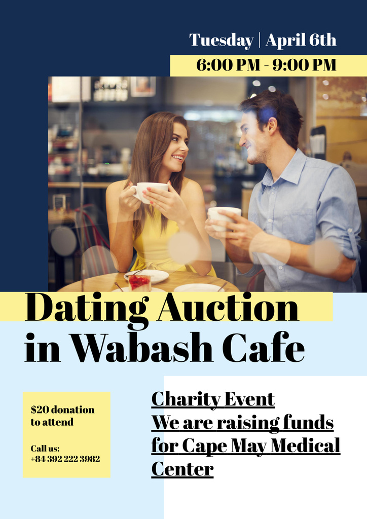 Dating Auction Announcement with Couple in Cafe Poster Tasarım Şablonu