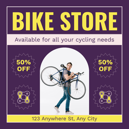 Oferta de venda na loja de bicicletas urbanas em roxo Instagram AD Modelo de Design