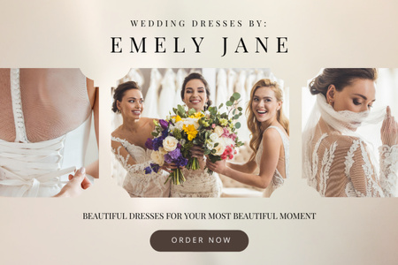 Wedding Dresses Ad with Cute Bouquet Postcard 4x6in Design Template