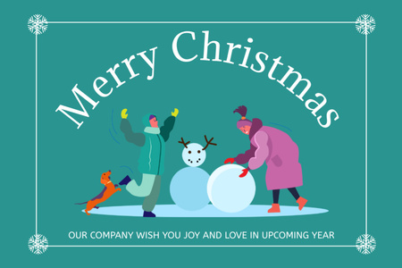 Christmas Cheers with People Making Snowman Postcard 4x6in – шаблон для дизайна