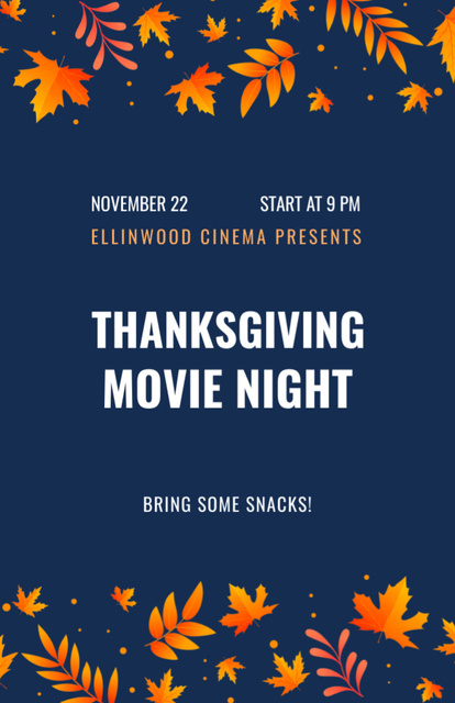 Thanksgiving Movie Night with Orange Autumn Leaves Flyer 5.5x8.5in Design Template