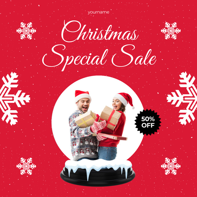 Christmas Sale Happy Couple in Snowball Instagram AD tervezősablon