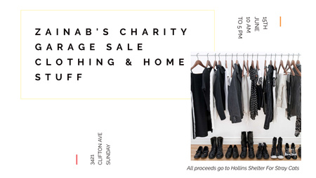 Ontwerpsjabloon van Title 1680x945px van charity sale aankondiging zwarte kleren op hangers