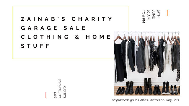 Charity Sale announcement Black Clothes on Hangers Title 1680x945px Design Template