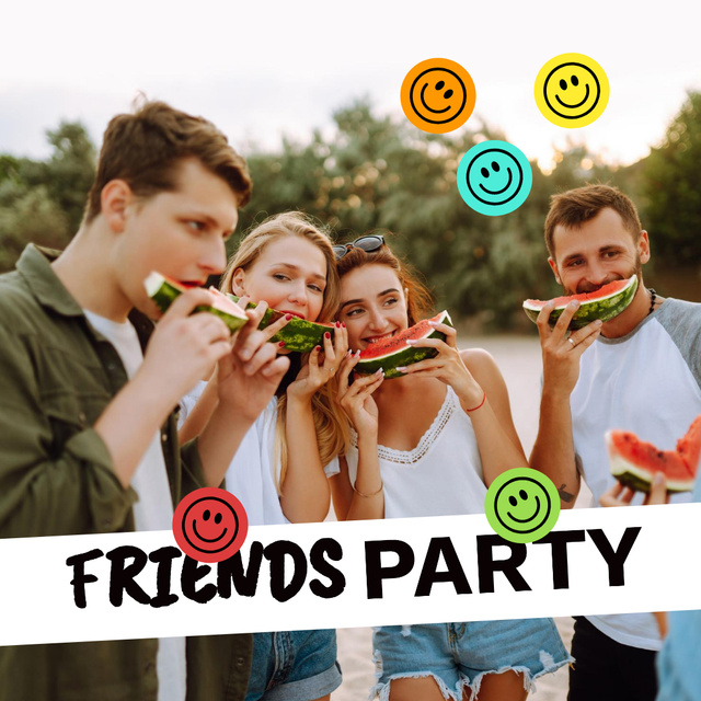 Summer Party Announcement with Friends eating Watermelon Instagram Design Template