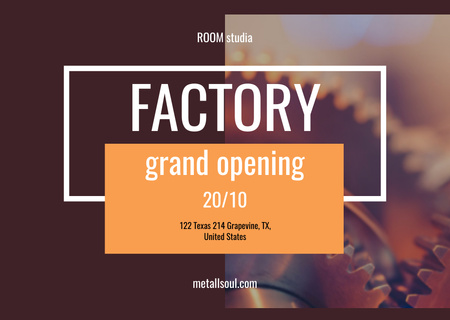 Factory Grand Opening Announcement with Cogwheel Mechanism on Brown Flyer A6 Horizontal Design Template