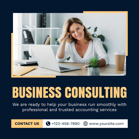Services of Business Consulting with Businesswoman on Workplace LinkedIn post Design Template