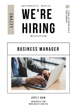 Business Manager Vacancy with Businessman Working on Laptop Poster A3 – шаблон для дизайна