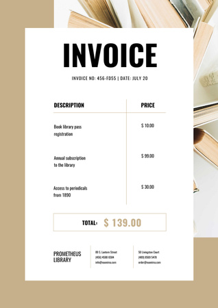 Рахунок за абонементні послуги бібліотеки Invoice – шаблон для дизайну