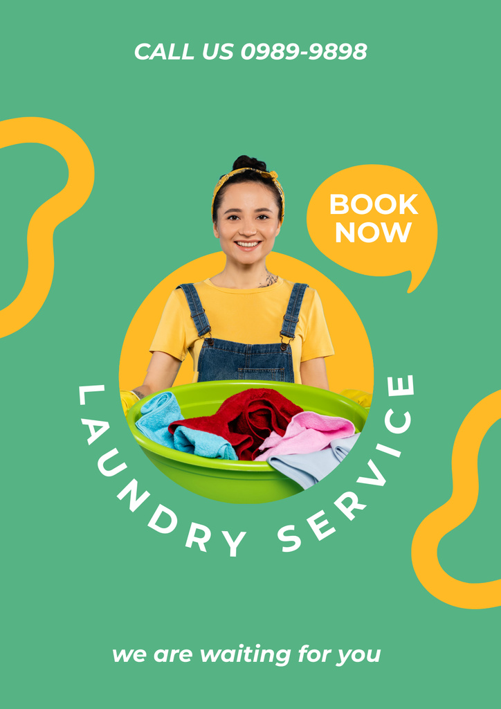 Offering Laundry Services with Young Woman Poster Tasarım Şablonu
