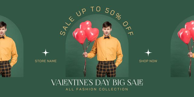 Discount offer for Valentine's Day with Man in Love Twitter Design Template