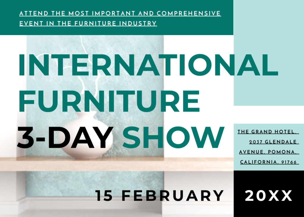 Template di design International Furniture Show Announcement With Home Decor Postcard 5x7in