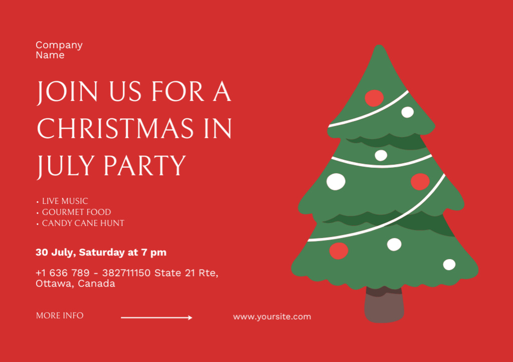 Designvorlage Heartwarming Christmas Party in July with Christmas Tree on Red für Flyer A5 Horizontal