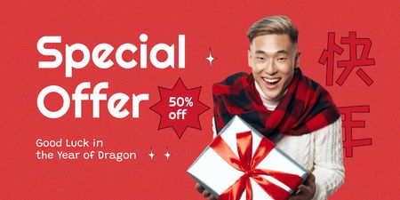 Chinese New Year Sale Announcement with Smiling Asian Guy Twitter Design Template