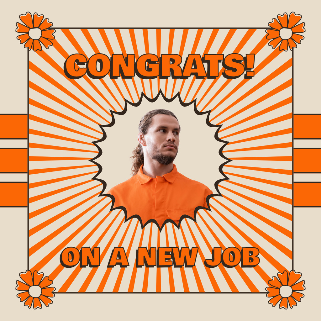 Ontwerpsjabloon van LinkedIn post van Congratulations on New Job for Man on Orange