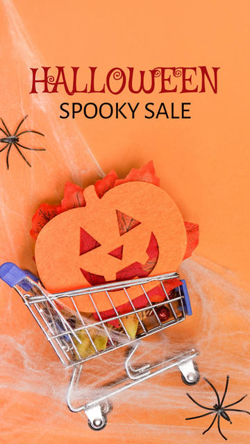 Spooky Sale In Shop With Cart And Spiders Instagram Video Story Πρότυπο σχεδίασης