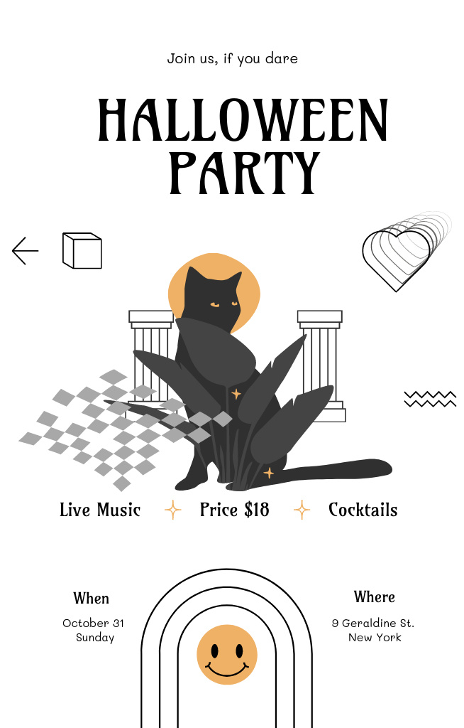 Plantilla de diseño de Halloween Party with Cute Black Cat Invitation 4.6x7.2in 