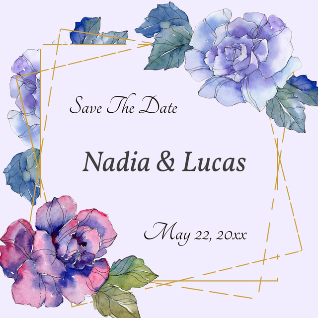 Wedding Invitation with Blue Watercolor Flowers Instagram Design Template